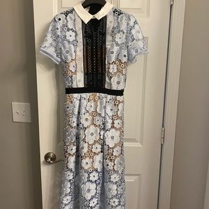 Self-Portrait Light Blue and Black Lace Floral Midi Dress